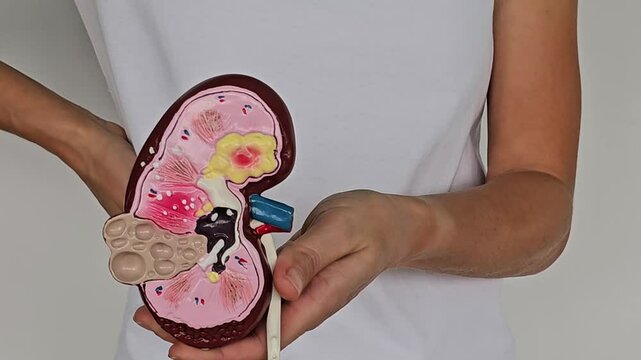 Woman holding model human kidney halves at white body 