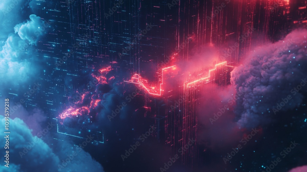 Poster vivid neon lights create a striking digital landscape set against a backdrop of swirling clouds. the