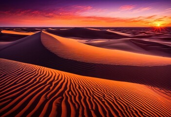 Naklejka premium expansive sand dunes bathed warm sunset glow vibrant orange purple sky hues, desert, clouds, horizon, landscape, nature, waves, texture, illumination, light
