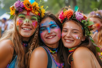 Obraz premium Three girls wearing colorful face paint and flower crowns smile brightly while enjoying a summer festival, surrounded by a lively atmosphere and joyful people.