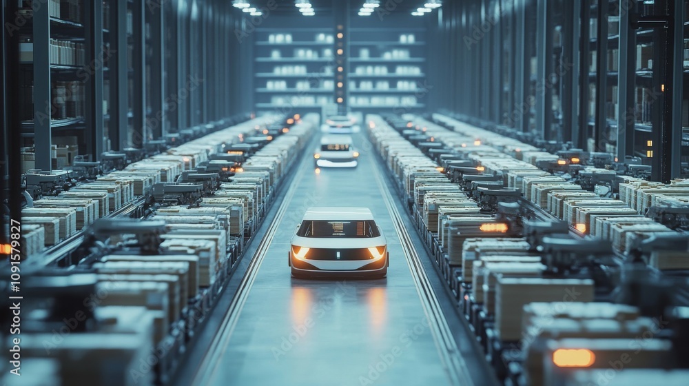 Poster automated vehicles are seen moving through a high-tech warehouse, surrounded by neatly stacked packa