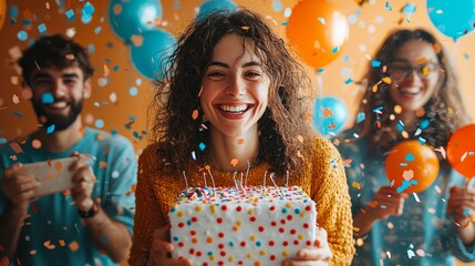 Obraz premium Joyful celebration with friends and a birthday cake surrounded by confetti
