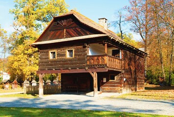 Old wooden cottage in the Wallachian Museum of Nature. Czech Republic.