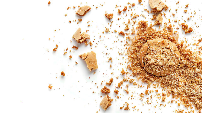scattered crumbs of cookie on a white background closeup. created with Generative AI technology