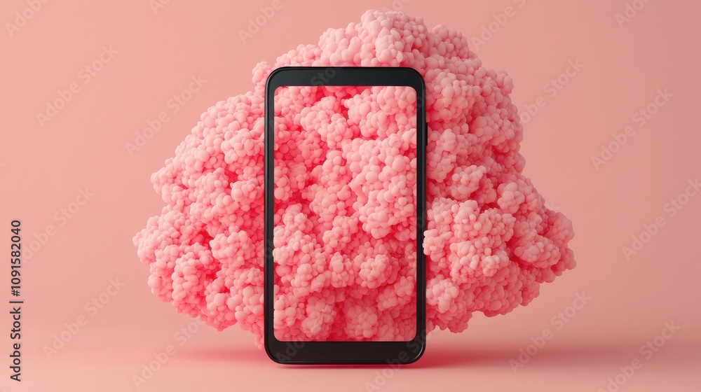 Poster backlinks mobile seo concept. a smartphone frame is embedded in a fluffy pink cloud against a soft p
