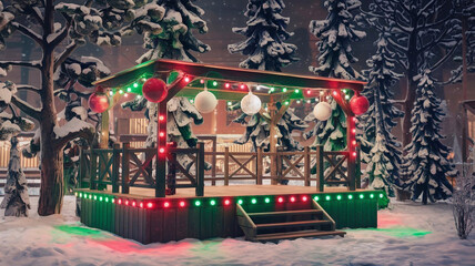 Festive Platform With Holiday Lights And Ornaments, Set Against A Winter Wonderland Background For Festive Event Visuals