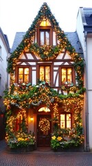 Fototapeta premium Enchanting Christmas house adorned with twinkling lights and lush greenery in traditional German style