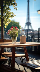 generated illustration of Parisian Cafe with Eiffel Tower View.