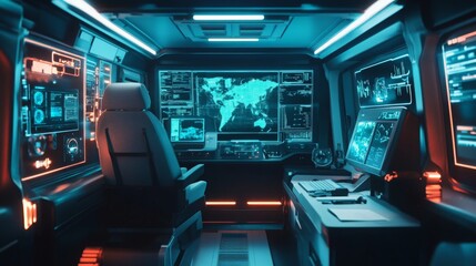 A modern command center features glowing interactive screens displaying data and a world map.