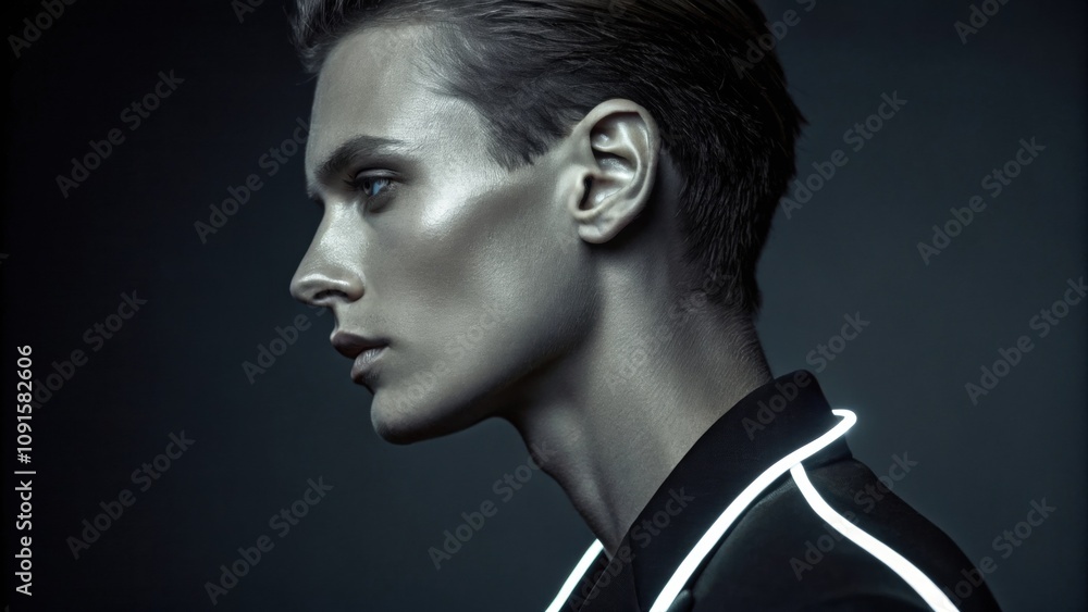 Poster the profile showcases a strong face with crisp white neon highlights running along the jawline creat