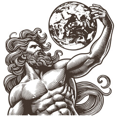 Mythological Titan Holding Earth Vector Illustration in Woodcut Engraving Style

