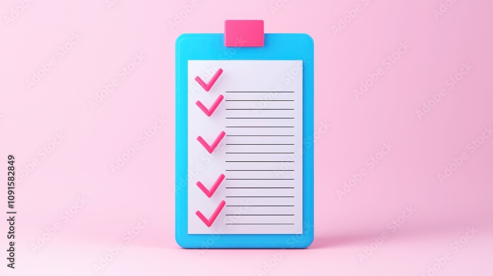 Poster backlinks mobile seo concept. a colorful checklist on a clipboard with pink checkmarks, set against 