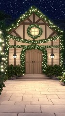 Fototapeta premium Enchanting Christmas decorations adorn a charming half-timbered house under a starry night sky