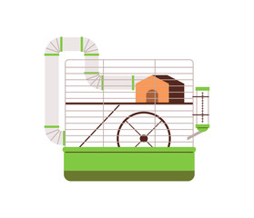 Vector illustration a set for hamsters with a cage, a maze, a house and wheels.