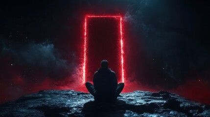 Obraz premium A man sits on a cliff with open arms, waiting for the gates of hell to open in front of him, because of his sins and mistakes. The background is tense, red and dark, cinematic, dramatic