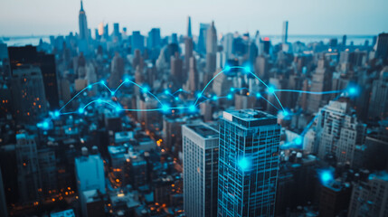 Obraz premium Smart digital Innovation Business skyscrapers in the Financial District with connection network reciprocity over the cityscape. of future smart wireless digital city and social media networking