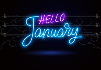 Hello Winter lettering banner. Neon decoration for Happy New Year and Christmas greeting card design. Holiday Vector illustration.