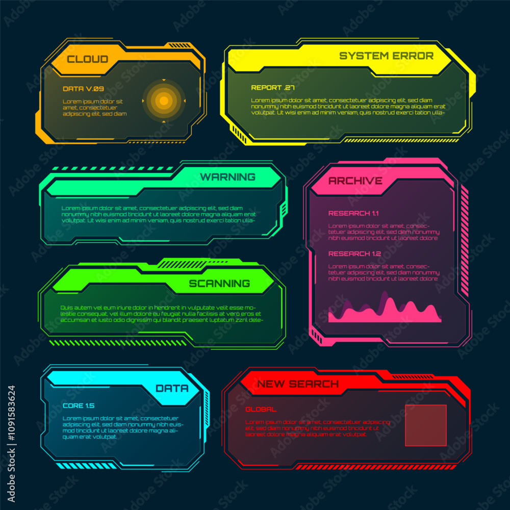 Poster futuristic hud or ui elements. sci-fi user interface text boxes, callouts. colorful warning message 
