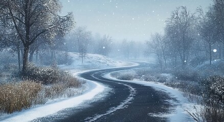 Obraz premium A snowy road with trees on both sides