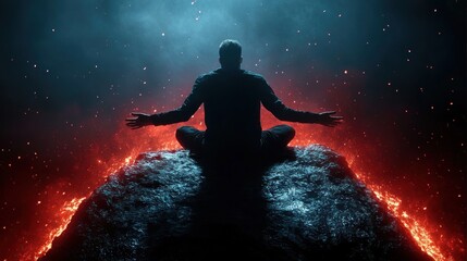 Obraz premium A man sits on a cliff with open arms, waiting for the gates of hell to open in front of him, because of his sins and mistakes. The background is tense, red and dark, cinematic, dramatic