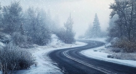 Obraz premium A snowy road with trees on both sides