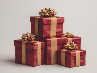 Obraz premium Elegant Red Holiday Boxes Topped with Gold Ribbons Pile of Festive Red Gift Boxes with Golden Bows