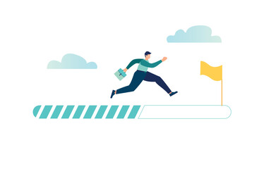 Progress or journey to success or achieve goal, business step or career path, mission or challenge to succeed, improvement concept, ambitious businessman run on progress bar to achieve success flag