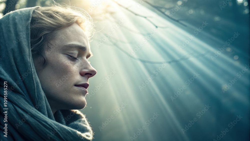 Poster the face is enveloped in a soothing light with soft beams crossing the forehead and resulting in a s