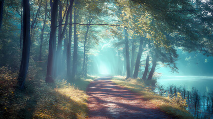 Obraz premium Mystical foggy forest path with towering trees and calm waters. Shaded Forest Trail. Illustration