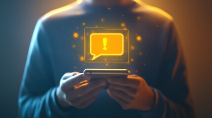 A person holds a smartphone with a bell icon and a cinematic icon of a living design. Yellow light shines out of the device against a dark background