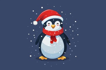 Smiling penguin in santa hat with falling snowflakes