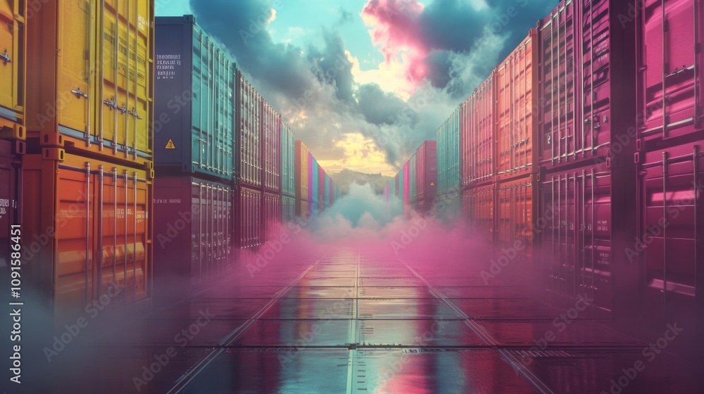 Aufkleber In a stunning display, vibrant shipping containers line a pathway as sunset colors create a surreal atmosphere. Fog gently envelops the ground, reflecting hues and adding depth to the scene.