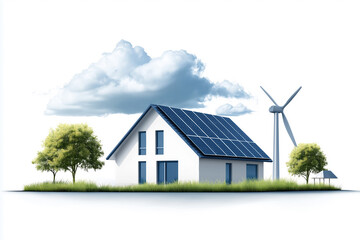 Obraz premium Sustainable home featuring solar panels and wind turbine in a serene landscape