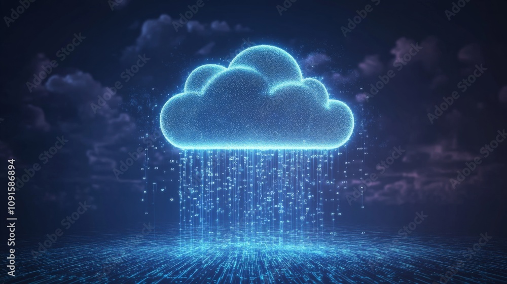 Poster a vibrant digital representation showcases a luminous cloud emitting animated rainfall in a futurist