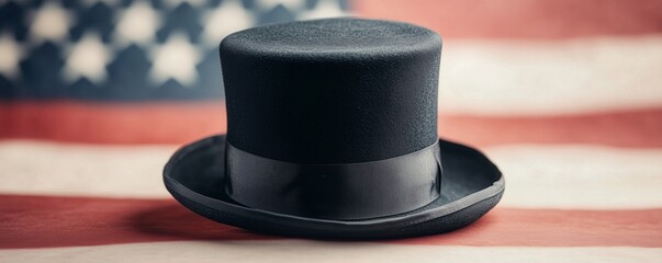 Top hat over an American flag backdrop