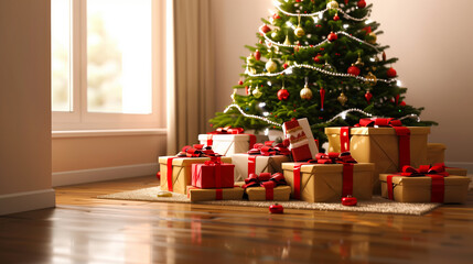 Christmas Tree and Gifts in Warm Living Room. A traditional living room with a decorated Christmas tree and wrapped presents underneath, evoking family joy