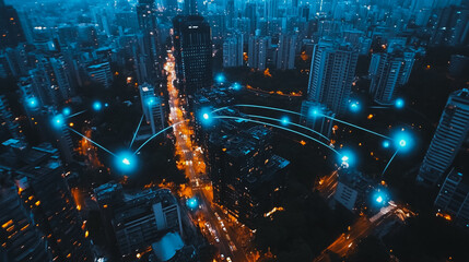 Fototapeta premium Smart digital Innovation Business skyscrapers in the Financial District with connection network reciprocity over the cityscape. of future smart wireless digital city and social media networking