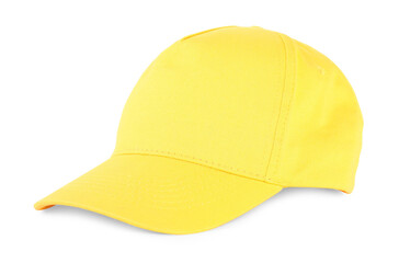 Fototapeta premium Stylish yellow baseball cap isolated on white. Mockup for design