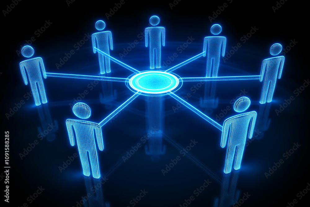 Poster Digital representation of a network shows interconnected individuals communicating around a central hub