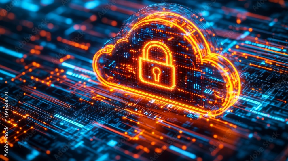 Poster A futuristic cloud design with a padlock is displayed in a dynamic cyber landscape.