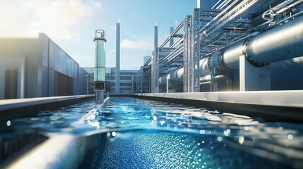 An advanced modern desalination plant featuring sustainable technology like reverse osmosis membranes 