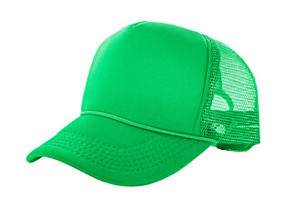 Bright green trucker cap isolated on white background, perfect for casual wear, branding, and...