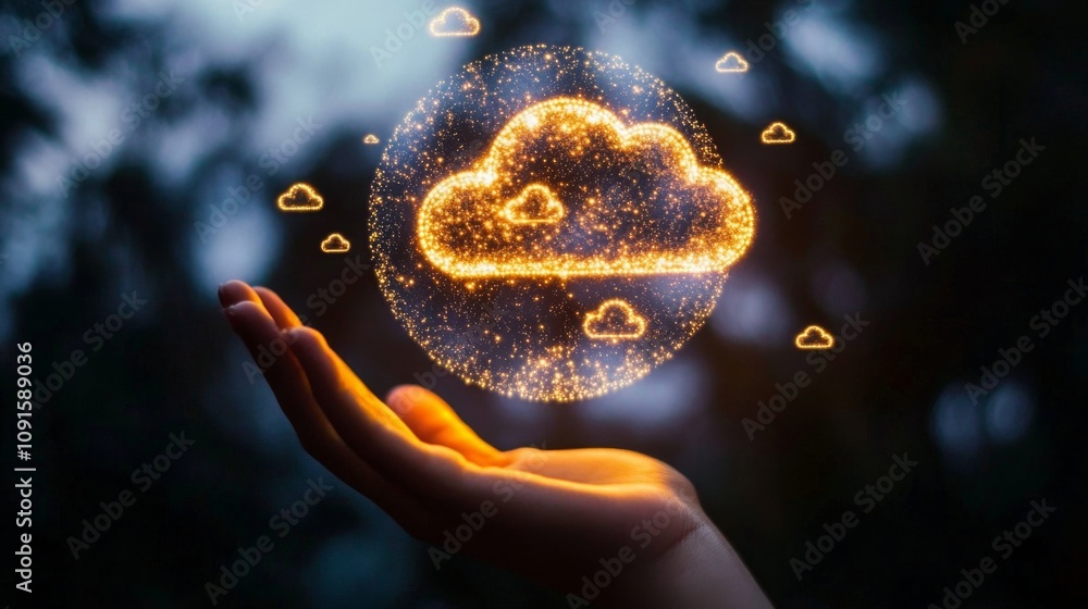 Leinwandbilder A hand with an open palm is holding a glowing cloud symbol inside a sphere of sparkling light. The symbol and sphere are surrounded by a dark background with blurred bokeh lights.