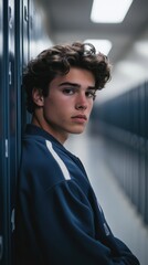 Teenage boy in a blue varsity jacket leaning against school lockers, with a serious expression in a 90s-inspired high school setting