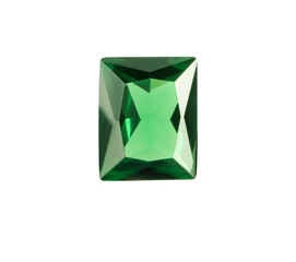 Tweezers with shiny green gemstone isolated on white