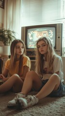 Two teenage girls sitting on the floor in a cozy 1990s living room, with a retro TV and gaming console in the background.