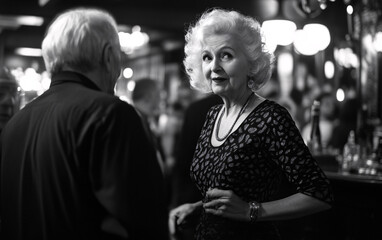 Black-and-White Image of Elderly People Dancing and Socializing at a Nightclub, Showcasing Joy and Timeless Energy