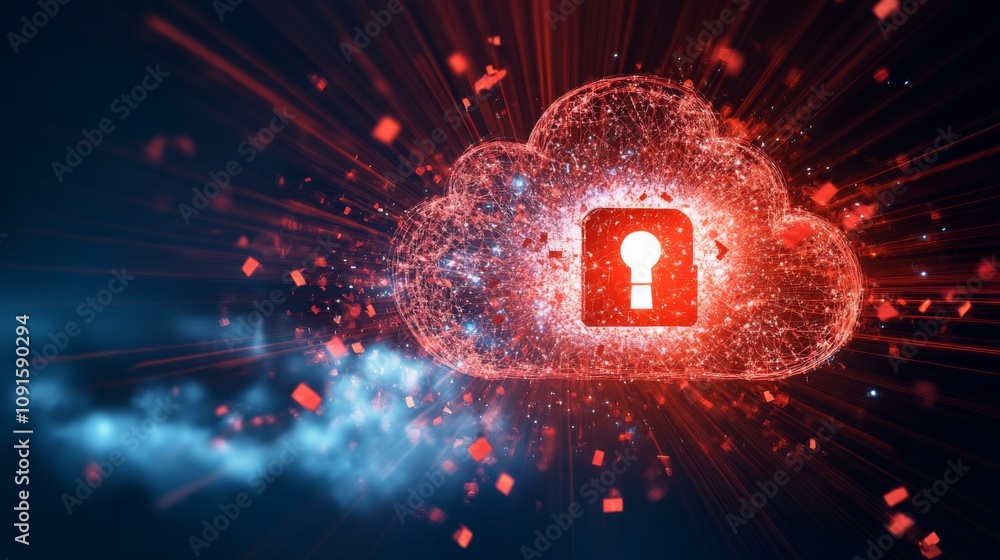Aufkleber A dynamic representation of cloud security featuring a prominent lock symbol glowing amidst floating data particles. The composition highlights the importance of digital safety in modern technology.
