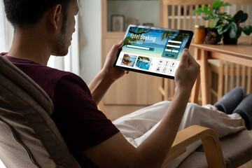 Online hotel accommodation booking website provide modish reservation system . Travel technology concept .