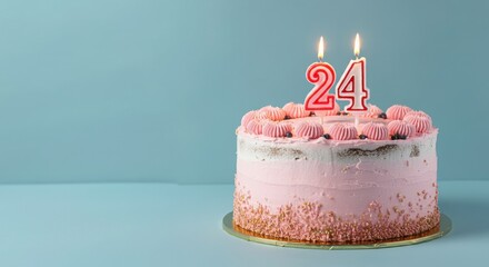 Birthday or anniversary cake with number 24 candle on blue background, perfect for twenty-fourth birthday or anniversary celebrations and special events